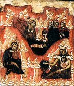 000.09884 : Geboorte van Jezus, scne op een viervelden-ikoon, provinciaal Noordrussisch, omstreeks 1700, 31,2 x 28,3 cm