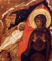 de zuiverheid van Maria na Jezus' geboorte. (detail van 000.04226 : Geboorte van Jezus, paneelikoon, Russisch (Moskou), 16de - 17de eeuw, 63 x 42 cm)