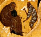 een kluizenaar overtuigt de twijfelende Jozef ervan dat Maria 'zuiver' is gebleven. (detail van 999.00393 : Geboorte van Jezus, paneelikoon, Russich (Suzdal?), begin 16de eeuw, 59 x 47 cm)