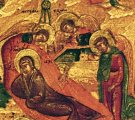 de ster boven de geboortegrot met drie stralen. (detail van 000.05172 : Geboorte van Jezus, paneelikoon, Russisch, 17de eeuw, 31 x 27 cm)