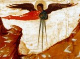 een engel met de ster, waarvan drie stralen uitgaan. (detail van 000.03607 : Geboorte van Jezus, paneelikoon, Russisch (Novgorod), 16de eeuw, 89 x 71 cm)