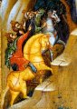 de magirs onderweg naar Bethlehem, op zoek naar de 'nieuwe koning', wiens ster zij hadden gezien. (detail van 999.00387A : Geboorte van Jezus, paneelikoon, stijl Constantinopel, 1ste kwart van de 15de(?) eeuw, 65,7 x 63,5 cm)
