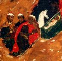 de magirs arriveren in de geboortegrot. (detail van 000.03607 : Geboorte van Jezus, paneelikoon, Russisch (Novgorod), 16de eeuw, 89 x 71 cm)