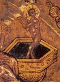 Jezus staande in het bad om voor het eerst gewassen te worden door de vroedvrouwen. (detail van 000.05179 : Geboorte van Jezus, paneelikoon, Russisch, 17de-18de eeuw, 32,5 x 26, 5cm  