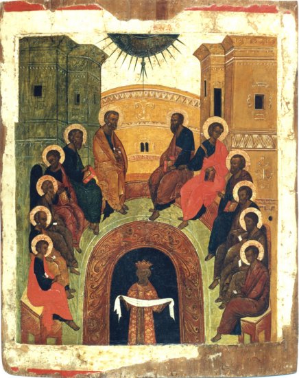 AIR 000.06018 : Pinkster-ikoon: De Apostelen ontvangen de H. Geest, Russisch (Novgorod), 16de eeuw, 62 x 77 cm