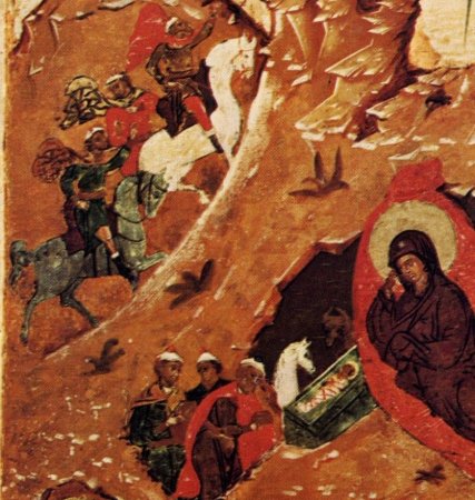 detail van 000.03607 : Geboorte van Jezus,  paneelikoon, Russisch (Novgorod), 16de eeuw, 89 x 71 cm