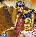 detail van 999.00387 : Geboorte van Jezus,  paneelikoon, stijl Constantinopel, 1e kwart 15(?)de eeuw, 65,7 x 63,5 cm