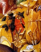 detail van 999.00387 : Geboorte van Jezus,  paneelikoon, stijl Constantinopel, 1e kwart 15(?)de eeuw, 65,7 x 63,5 cm