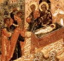 detail van 000.08659 : Geboorte van Jezus, dubbelzijdige paneelikoon, Russisch, eind 17de eeuw, 52x 40 cm