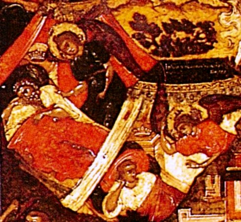 Een engel wekt de drie Magirs en zegt hen te vluchten (detail van 999.00383 : Geboorte van Jezus, paneelikoon, Russisch (Jaroslavl), laat 17de eeuw, 122 x 102 cm)