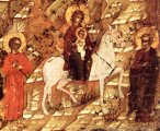 Vlucht naar Egypte (detail van 000.08357 : Geboorte van Jezus, paneelikoon, Russisch, 17de eeuw, 31 x 25,5 cm)