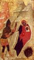 Elisabeth vlucht met Johannes in de grot (detail van 999.00874 : Vita van Johannes, Voorloper en Doper, paneelikoon, Russisch (Jaroslavl), 16de eeuw, 142 x 96 cm)