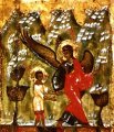 Johannes wordt door een engel weggeleid (detail van 999.00876 : Vita van Johannes, Voorloper en Doper, paneelikoon, Russisch (Jaroslavl), 2de helft 16de eeuw, 124 x 102,3 cm)