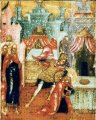 detail van 000.07200 : Onthoofding van Johannes de Doper met vita in 12 taferelen, paneelikoon, Russisch (Palech), 19de eeuw, 39 x 32 cm