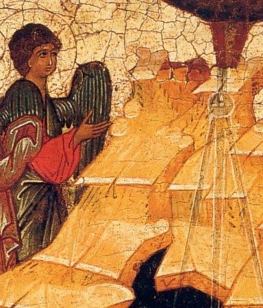 detail van 999.00356 : Geboorte Jezus, paneelikoon, Russisch (Novgorod), ca 1475, 58,5 x 43,6 cm