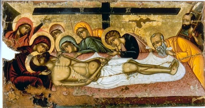 000.8037 : Graflegging van Jezus (Lamentatie), paneelikoon,  Grieks (Kreta), 12de en 16de eeuw, 61,5 x 118 cm