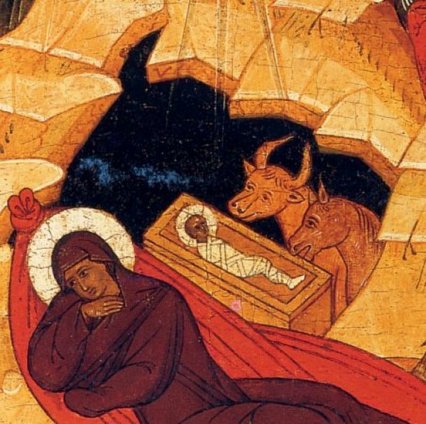 detail van 999.00356 : Geboorte Jezus, paneelikoon, Russisch (Novgorod), ca 1475, 58,5 x 43,6 cm