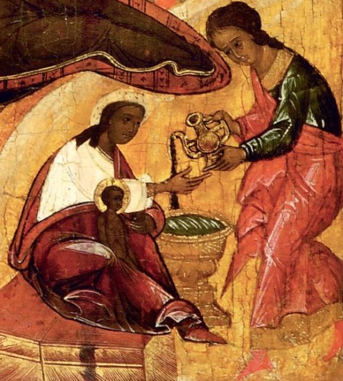detail van 000.04204 : Geboorte van Jezus, paneelikoon,  Russisch (Pskov), 16de eeuw, 56 x 46,5 cm
