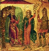 Schriftgeleerden attenderen Herodes op de profetien en de komst van de nieuwe Koning (detail van 000.05172 : Geboorte van Jezus, paneelikoon, Russisch, 17de eeuw, 31 x 27 cm)